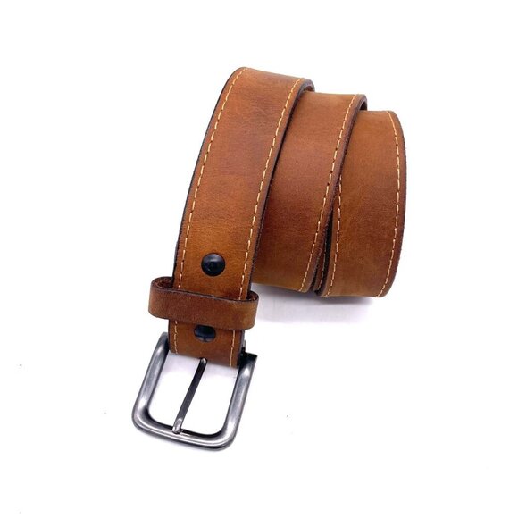 Genuine Leather Casual Belt Men's Size 46 Brown Contrast Stitch Work Retro Offic - Picture 1 of 4